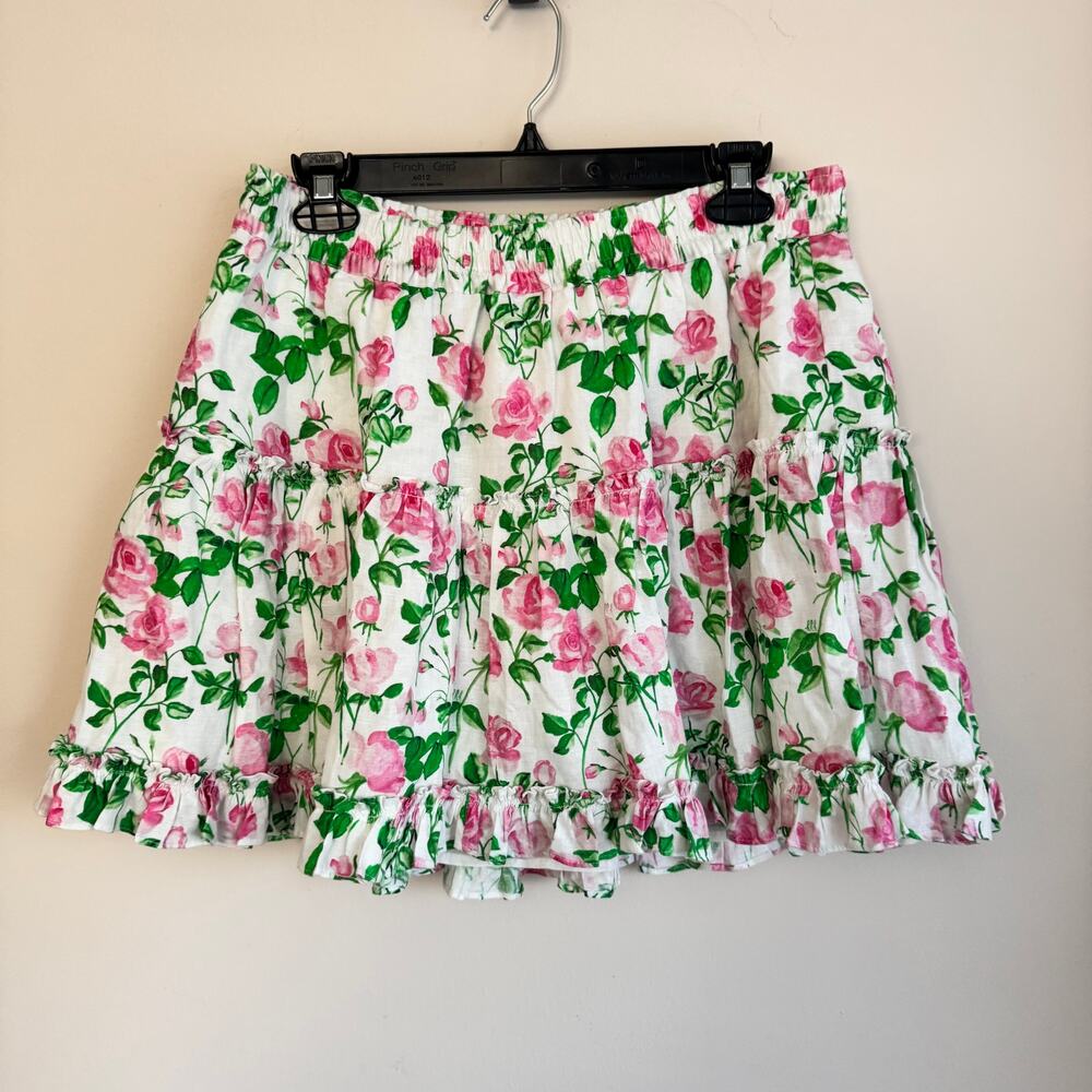 Hill House Paz Mini Skirt White Pink Sz XL Floral Ruffle Linen